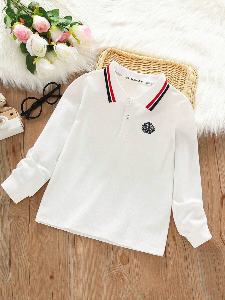 Boys Casual Polo Collar Long Sleeve T-Shirt, School Style For Toddlers, Kids, Spring New Arrivals - White - View 1