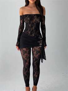 Women Lace Jumpsuit, Long Sleeve Off-Shoulder Patchwork Sheer Jumpsuit Slim Fit Fall Clubwear - màu đen - Xem 1