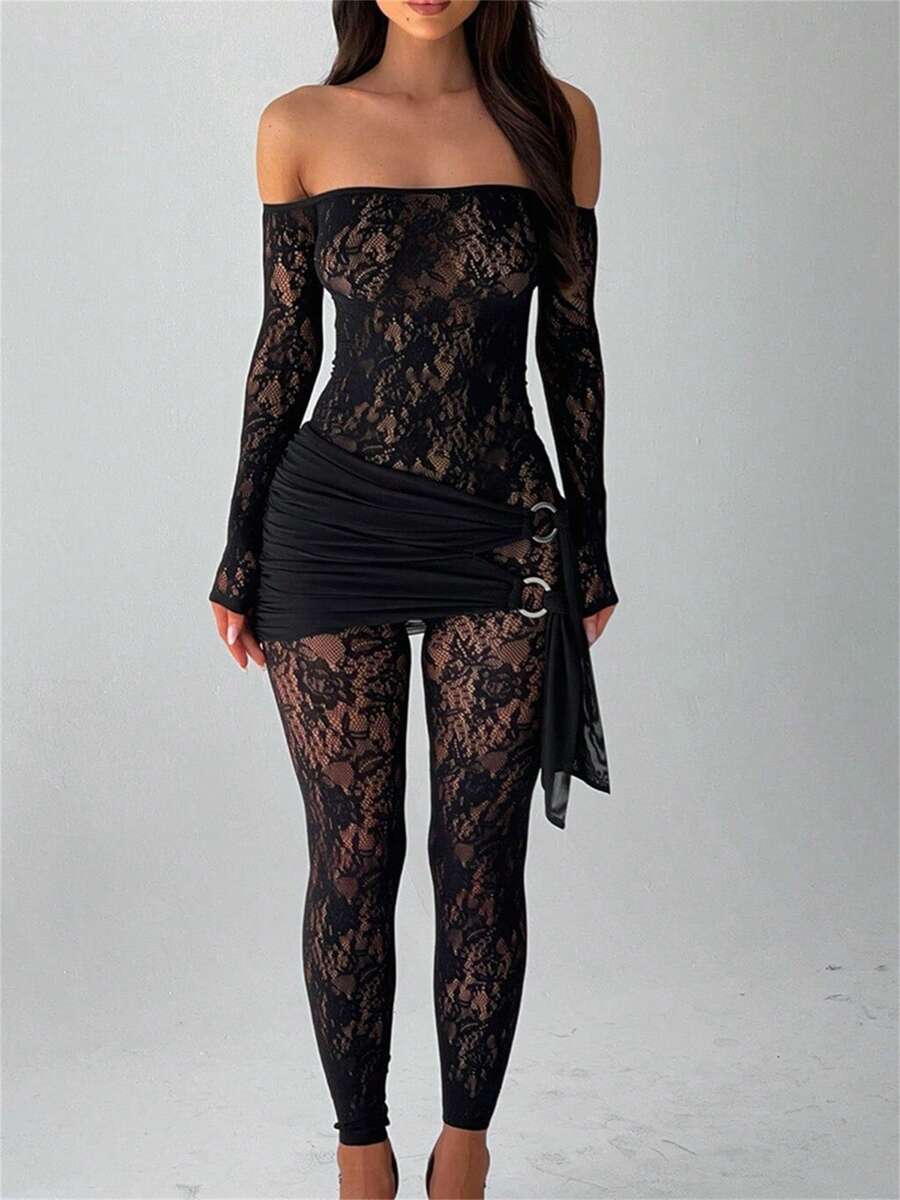 Women Lace Jumpsuit, Long Sleeve Off-Shoulder Patchwork Sheer Jumpsuit Slim Fit Fall Clubwear - màu đen - Xem 1
