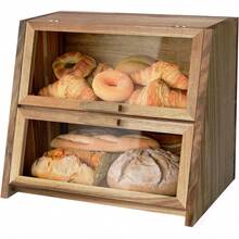 Acacia Wood Bread Box For Kitchen Countertop, Double Layer Natural Wooden Bread Storage Container, With Clear Windows, Back Air Vent, Large Bread Boxes For Keeping Food Fresh In Home And Kitchen