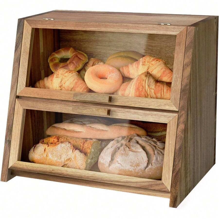 Acacia Wood Bread Box For Kitchen Countertop, Double Layer Natural Wooden Bread Storage Container, With Clear Windows, Back Air Vent, Large Bread Boxes For Keeping Food Fresh In Home And Kitchen