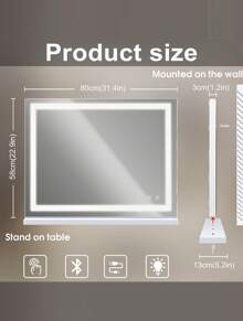 FENCHILIN Illuminated Mirror With Bluetooth Mirror Can Adjust 3 Light Effects For Wall/Desktop Dual Purpose Makeup Mirror Bathroom Mirror Size Mirror White 80cm X 58cm