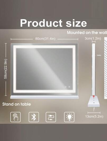 FENCHILIN Illuminated Spiegel Bluetooth Can Adjust Verlichting Effects Wall/Desktop Dual Purpose Makeup Bathroom Size Wit 80cm 58cm view 8