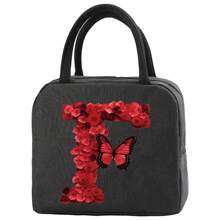 Insulation Lunch Bag Aluminum Foil Bento Pack For Work Large Capacity Cooler Bags Women Handbag Red Rose Initial Letter A-Z Print Lunch Box Portable Thermal Picnic Food Bag
