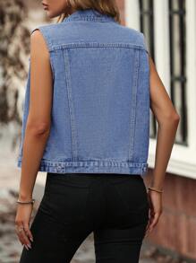 Casual Washed Loose Denim Vest Jacket - Blue - View 6