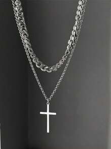 1pc Minimalist Double Layer Cross Necklace, Elegant Fashion Pendant For Men