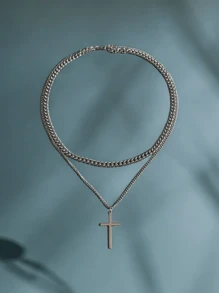 1pc Minimalist Double Layer Cross Necklace, Elegant Fashion Pendant For Men