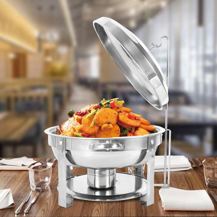 HYYKJ-US 7.5L Stainless Steel Round Chafing Dish Buffet Chafer Food Warmer Container +Lid - 1 - View 1