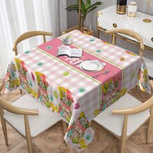 1pc Easter Text Design Tablecloth,Rabbit Bouquet Easter Egg Print Pink Checkered Design Tablecloth,Spring Fresh Design,Festive Party Decor For Indoor And Outdoor, Easter Decoration, Perfect Easter Gift For Family And Friends