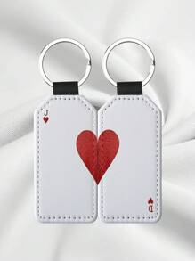 Customized Ace Of Hearts Two-Piece Keychain Set For Couples, Anniversary, Or Wedding, Matching Playing Card Leatherette Keyfobs, Keyrings