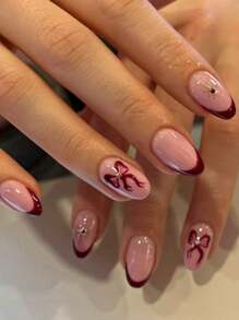 24片椭圆形可爱蝴蝶结闪光法式美甲贴纸，完美贴合，亚克力假指甲套装包含：1片果冻胶和1个指甲锉，适合情人节、女性和女孩，日常和派对美甲护理用品。 - 彩色 - 查看 1