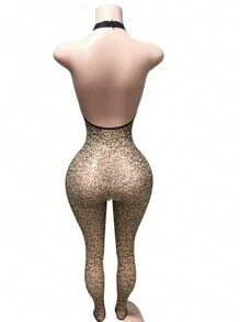 Premium Spitzen Sexy Lingerie Leopard Schritt-freie Bodys Strumpfhosen für Frauen mit gemusterten Durchsichtige Strümpfe transparente Strümpfe