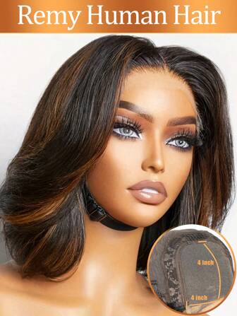 波浪鲍勃蕾丝假发 4x4 闭合蕾丝闭合假发 巴西人发波浪假发 透明蕾丝前部假发 预拔发际线 金色挑染 自然假发 适合所有人