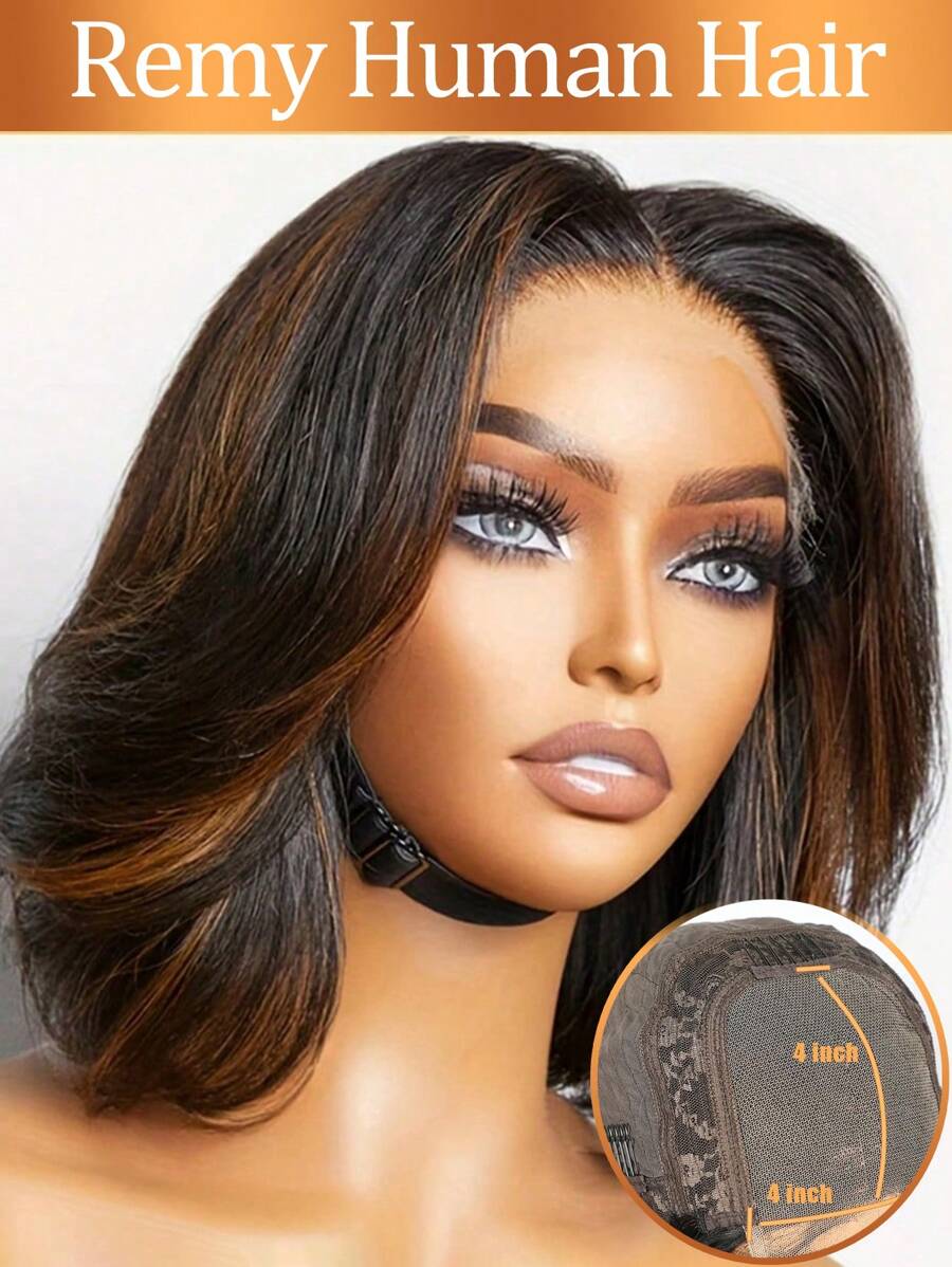 波浪鲍勃蕾丝假发 4x4 闭合蕾丝闭合假发 巴西人发波浪假发 透明蕾丝前部假发 预拔发际线 金色挑染 自然假发 适合所有人