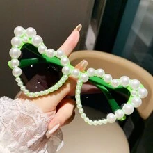 Óculos da Moda para Mulheres com Pedras Strass em Forma de Coração e Pérolas Falsas, Adereços para Fotos na Praia, Estilo Europeu e Americano para Férias de Verão na Praia, Ao Ar Livre, Viagem