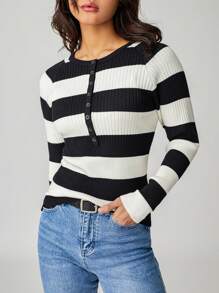 Women Long Sleeve Knit Tops Casual Stripes Contrast Color 1/2 Button Pullover Shirt For Club Streetwear - Black - View 5
