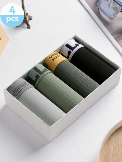 4pcs/Pack Men's Breathable Striped Boxer Briefs, Comfortable Plus Size Shorts