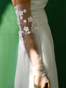 1 对串珠立体花朵新娘袖长网眼露指新娘手套婚纱配饰秋季服装女士