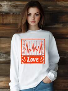 Women Valentine's Day Love ECG Heart Letters T-Shirt Fashion Print Long Sleeve Round-Neck Loose Fit Tops Streetwear