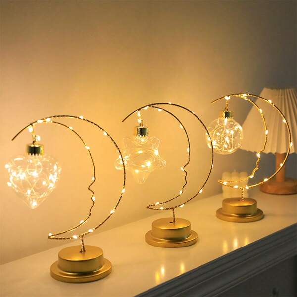 1pc Wrought Iron Decorative Lamp, Living Room Bedroom Desktop Atmosphere Decoration Light, Night Light, Iron Moon Shape Indoor Decor, Birthday Gift Lighting