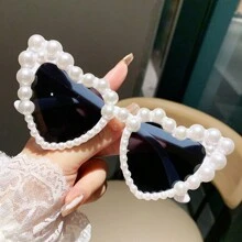 Óculos da Moda para Mulheres com Pedras Strass em Forma de Coração e Pérolas Falsas, Adereços para Fotos na Praia, Estilo Europeu e Americano para Férias de Verão na Praia, Ao Ar Livre, Viagem