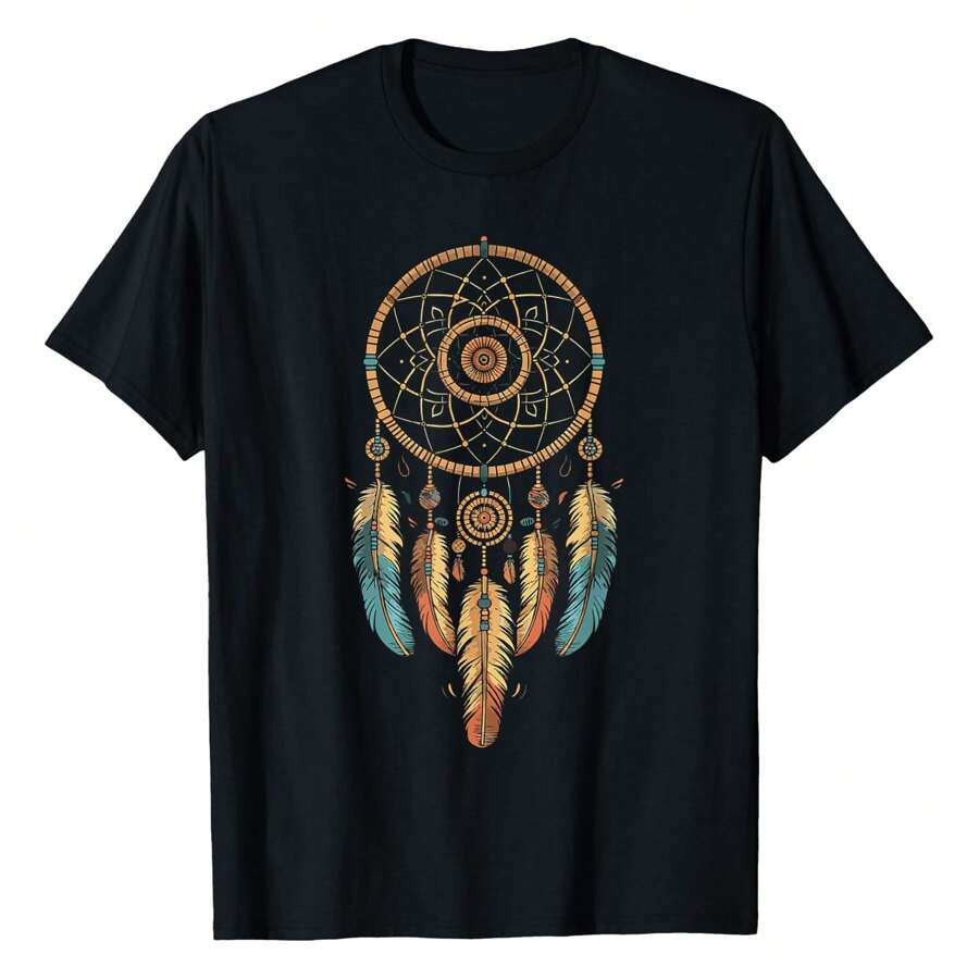 Dream Catcher Native American T-Shirt Graphic Tees Short Sleeve Casual Women T Shirts 100% Cotton Tee Shirt Womens Short-Sleeved Funny Printed Women's T-Shirts Summer Tops Soft Comfy Everyday Wear Gift Woman Tshirt Black - Black - View 1