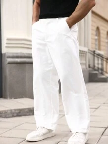 Men's Casual Pockets Wide Leg Loose Fit Pants - 白色 - 查看 5