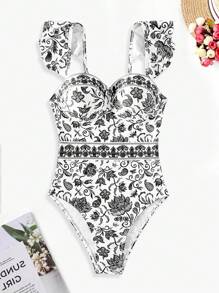 Blue and White Porcelain Print Stylish Comfy Fashion Design One-piece Swimsuit, Maiô clássico e elegante, Roupas de banho e vestuário feminino - Cinza - Visão 5