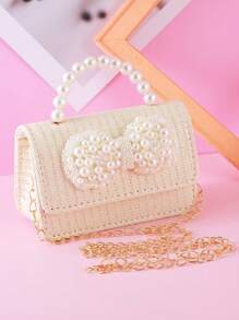 1 pieza Bolso de mano/bandolera de niña con gran lazo de perla, decoración, material de paja PU, cierre con solapa, cadena metálica y asa con cuentas, adecuado para uso diario y vacaciones, bolso de mano/monedero de princesa para snacks