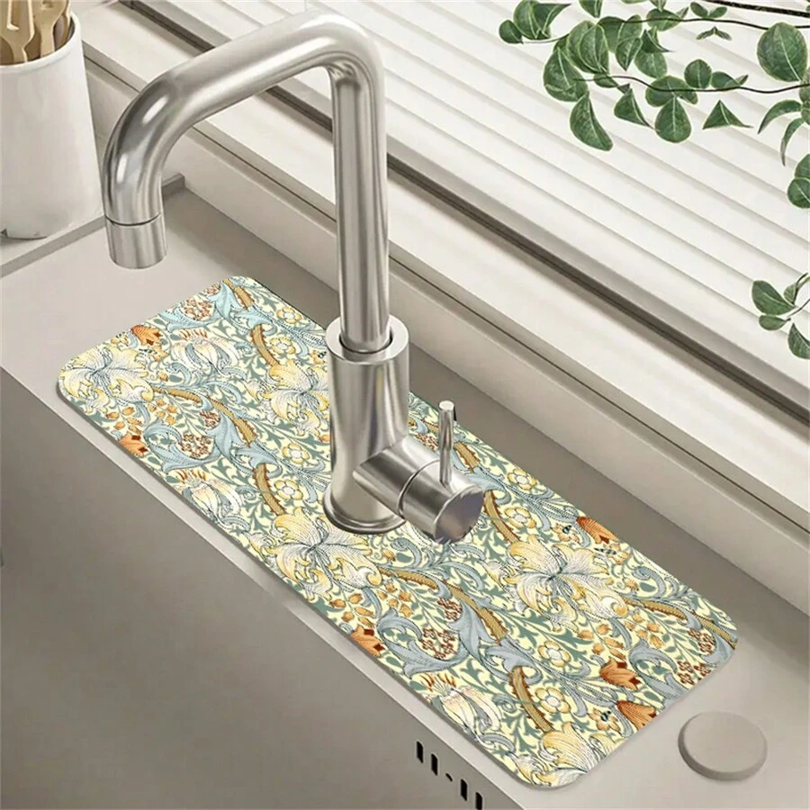 1pc Vintage Flower Pattern Faucet Mat For Kitchen Sink Protectors Art Design Kitchen Accessories Rubber Mat Splash Guard,Bathroom Faucet Mat, Trimmable Anti-Slip & Splash Proof - Multicolor - View 1