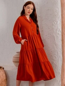 女式春季长袖纽扣领灯笼袖荷叶边多层连衣裙