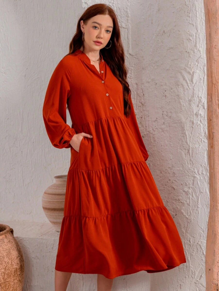 女式春季长袖纽扣领灯笼袖荷叶边多层连衣裙