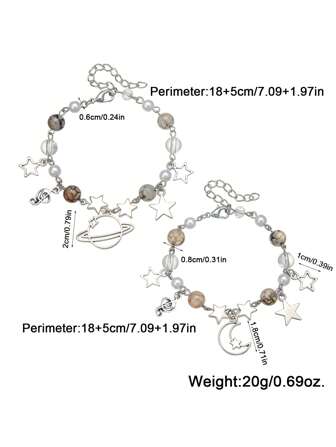2 件套青少年空心日月星吊坠合金和玻璃珠手链，优雅百搭，适合女孩的礼物