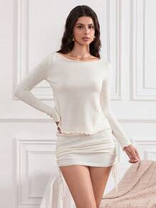 Women 2-Piece Knitted Outfits Solid Color Long Sleeves Sweater And Side Drawstring Mini Skirt Set For Streetwear - Beige - View 5
