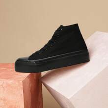 1 Pair Ladies Canvas Shoes Women High Top Platform Trainers Lace Up Pumps Plimsolls Fashion Sneakers Casual Canvas Tennis Shoes For Women - All Black - View 2