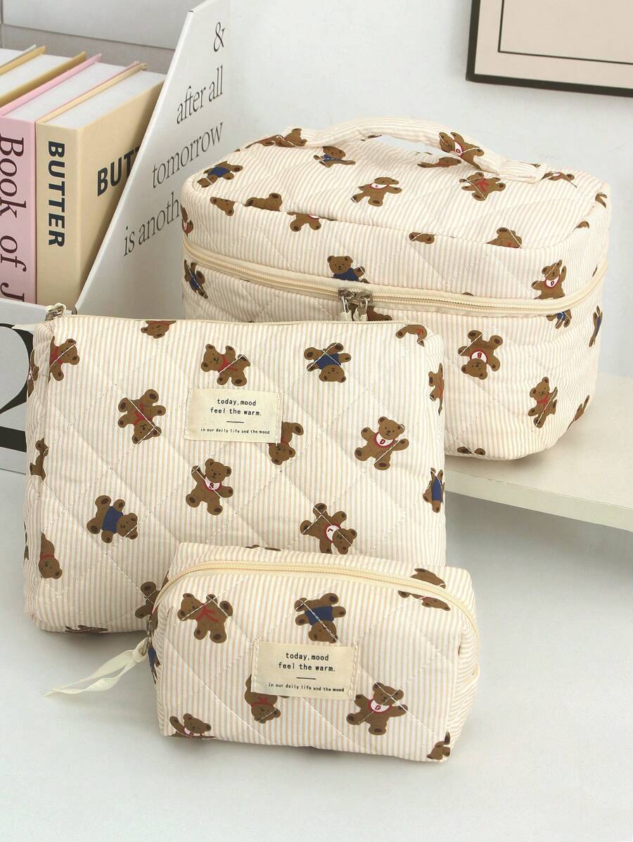 1Pc/Set Beige Striped With Cute Bear Lace Up Decorate Multi-Functional Storage Clutch With Zipper Closure For Cosmetics,Skin Care,Hand Cream,Lip Oil,Nail Polish,Mobile Phone,Headset,Sanitary Napkin,Coin,Small Items Elegant Ins Style Large Capacity Cosmetic Bag Portable Travel Makeup Bag Cosmetic Organizer Makeup Pouch Makeup Case Toiletry Bag Wallet Pouch Tampon Bag The Gift For Sister,Teacher And Friend Anniversary Gift Wedding Bridesmaid Gift Makeup Bags Makeup Organizer Make Up Organizer Makeup Storage Make Up Bag - Multicolor - View 1
