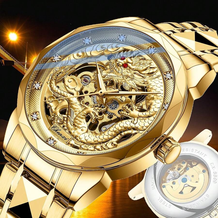Reloj mecánico dorado de lujo para hombre, esfera con patrón de dragón único, correa de acero inoxidable dorada, relojes automáticos para hombre