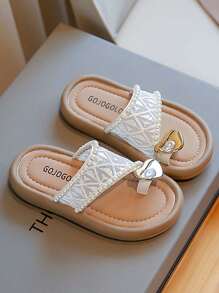 1 Pair Girls Soft Sole Non-Slip Mesh Pearl Heart Decoration Toe-Loop Fashionable Sandals, Suitable For Summer - Beige - View 4