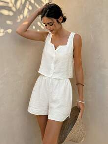 Women's Square Neck Loose 2 Pieces Set, Mimics Linen - Apricot - View 5