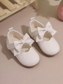 女童幼兒大蝴蝶結公主風瑪麗珍鞋，魔鬼氈開合，柔軟舒適平底，嬰兒周歲生日派對洋裝鞋，百搭款 - 米色 - 查看 5