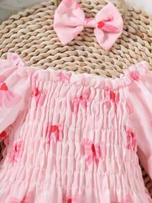 Conjunto de body con mangas con volantes y estampado de lazos + diadema para bebé niña, adorable, para primavera/otoño - Rosa - Ver 4