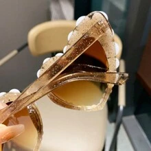 Óculos da Moda para Mulheres com Pedras Strass em Forma de Coração e Pérolas Falsas, Adereços para Fotos na Praia, Estilo Europeu e Americano para Férias de Verão na Praia, Ao Ar Livre, Viagem