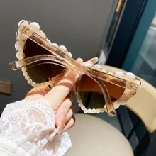 Óculos da Moda para Mulheres com Pedras Strass em Forma de Coração e Pérolas Falsas, Adereços para Fotos na Praia, Estilo Europeu e Americano para Férias de Verão na Praia, Ao Ar Livre, Viagem