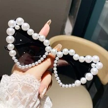 Óculos da Moda para Mulheres com Pedras Strass em Forma de Coração e Pérolas Falsas, Adereços para Fotos na Praia, Estilo Europeu e Americano para Férias de Verão na Praia, Ao Ar Livre, Viagem