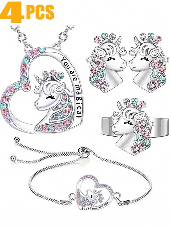 4-teiliges Einhorn-Schmuck-Geschenkset für Mädchen, inklusive Halskette, Armband, Ohrringe, Ring, Geburtstagsgeschenk für Tochter, Enkelin, Nichte, Herzanhänger-Halskette mit Zirkonia-Steinen mit der Gravur "Du bist magisch", ein tolles Geschenk für Mädchen
