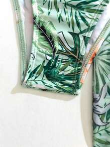 Tropical Print 3 Piece Bikini Set, V Neck Ruched High Cut With Long Sleeves Cover Up Shirt Swimsuits, Women's Swimwear & Clothing For Holiday - 綠色 - 查看 7