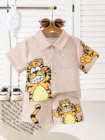 2 件男婴虎纹印花翻领衬衫 + 虎纹印花短裤套装
