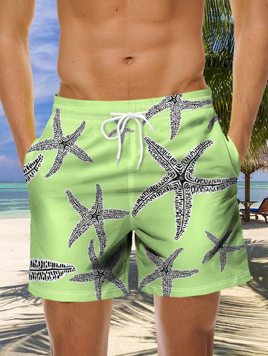 男士 3D 夏季绿色海星印花沙滩短裤