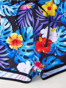 Tropical Print 2 Piece Swimsuits, Long Sleeves Round Neck Top & Boxer Short Bottom Competitive Swimsuit, Women's Swimwear & Clothing - Màu xanh lam - Xem 5