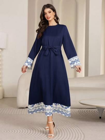 Women's Printed Spliced Round Neck Lace Up Long Sleeve Dress , Back Zipper Spliced Printed Lace Up Long Dresses